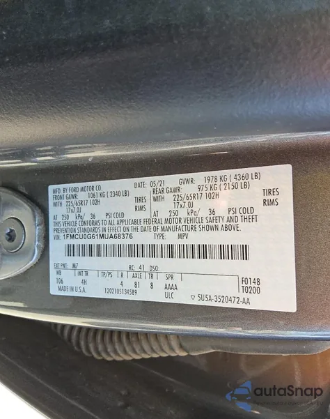 2021 Ford Escape Se from USA, damaged, VIN 1FMCU0G61MUA68376